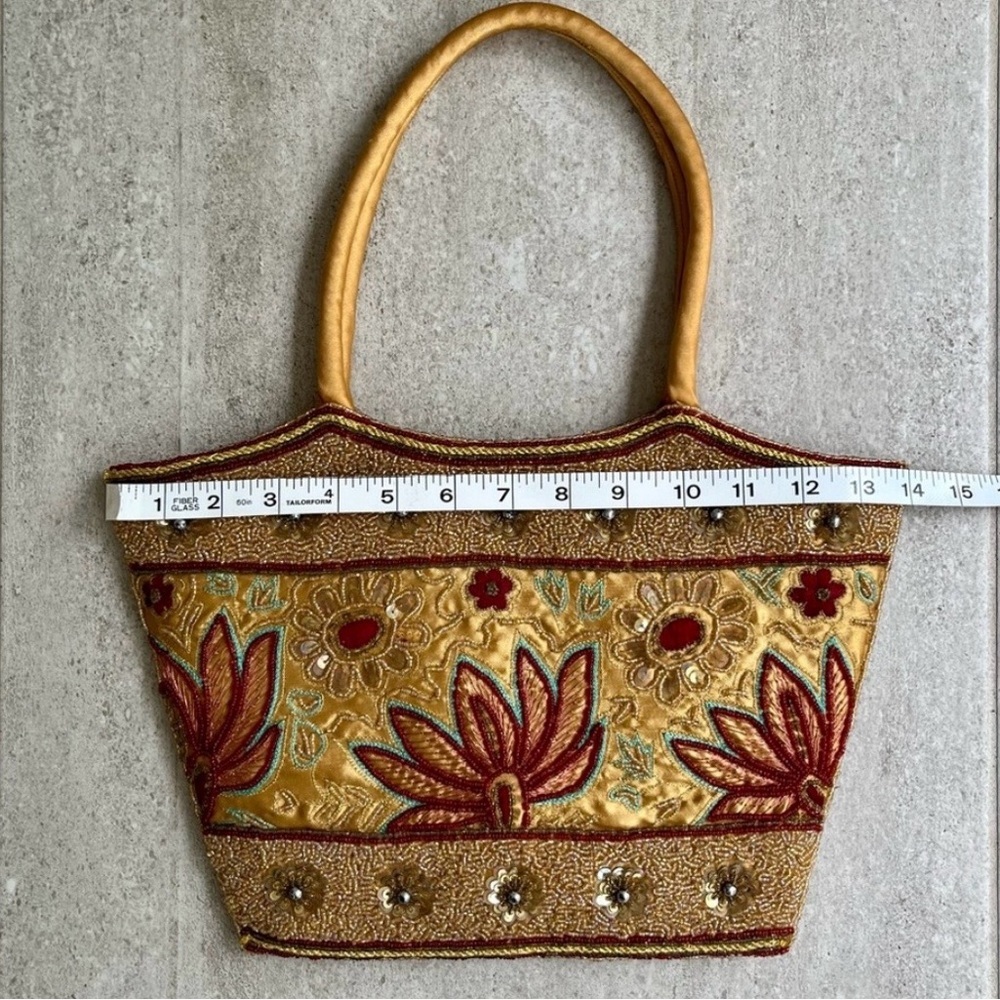 Hand Beaded Silk Indian Tote Bag  | Gold Floral Embroidery - Picture 7 of 8